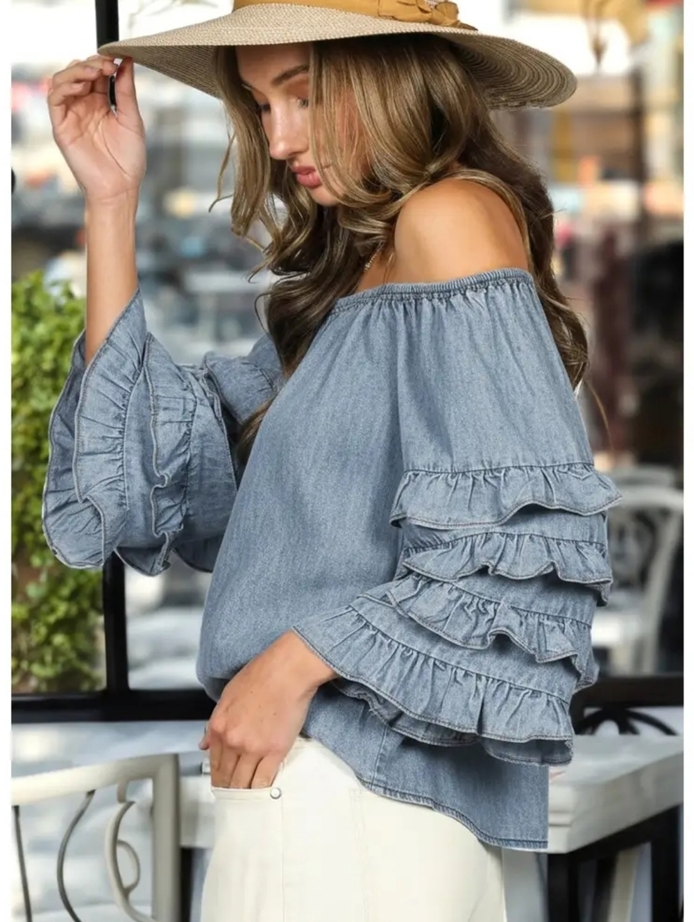 Off-the-Shoulder Denim Ruffle Sleeve Top - Blue